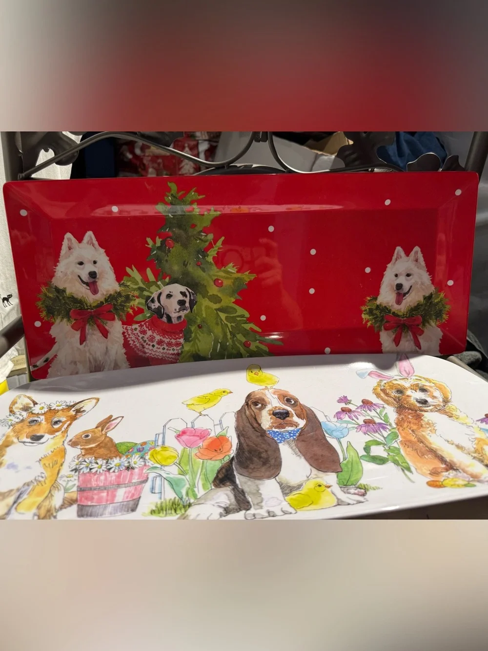Set of 2 Red Holiday Dog-Themed and spring time Decorative Serving Tray